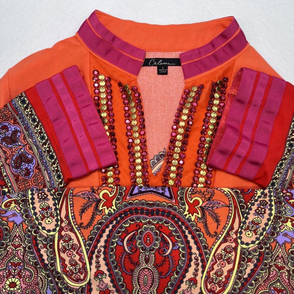 Calessa V neck embellished long sleeve dress tunic orange womens L - Picture 8 of 11